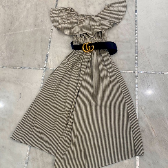 Zara grey and cream off the shoulder striped spring dress. Belt not included. - Picture 1 of 2